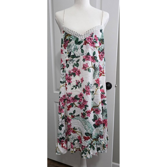Anthropologie Dresses & Skirts - Anthropologie Women Sz L Floral Bird Print Slip Dress White Pink Green Whimsy